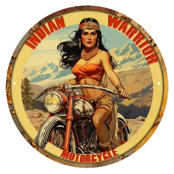 Indian Motorcycle Warrior 8x8 Round Metal Wall Sign Vintage Looking